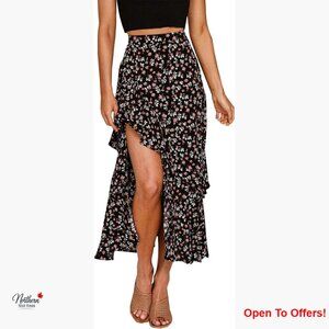 Floral Print Maxi Skirt with Elastic Waist and Ruffle High Low Hem